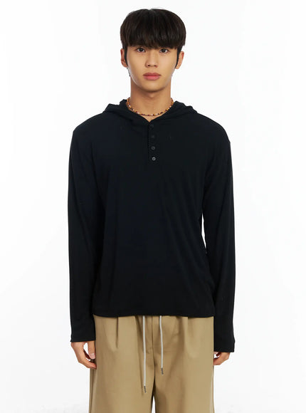 mens-henley-long-sleeve-hoodie-if506 / Black
