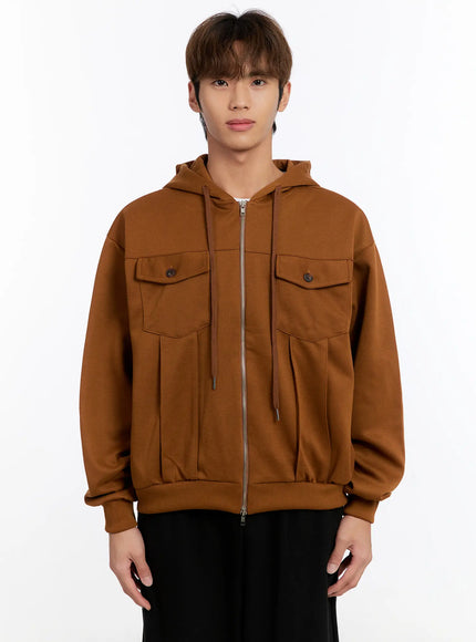 mens-button-detail-zip-up-hoodie-jacket-in528 / Brown