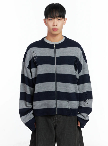 mens-stripe-distressed-knit-cardigan-in518-1 / Dark blue