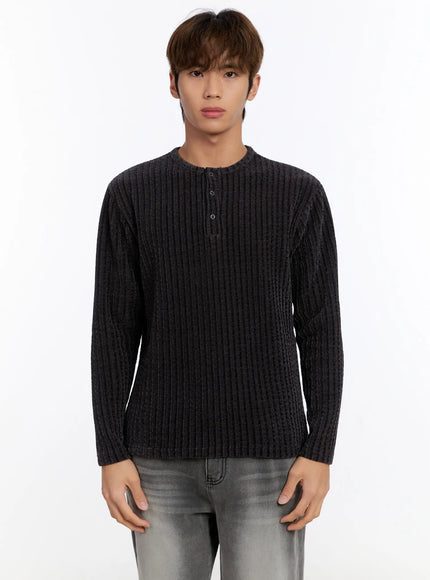 mens-ribbed-henley-sweater-in528 / Dark gray