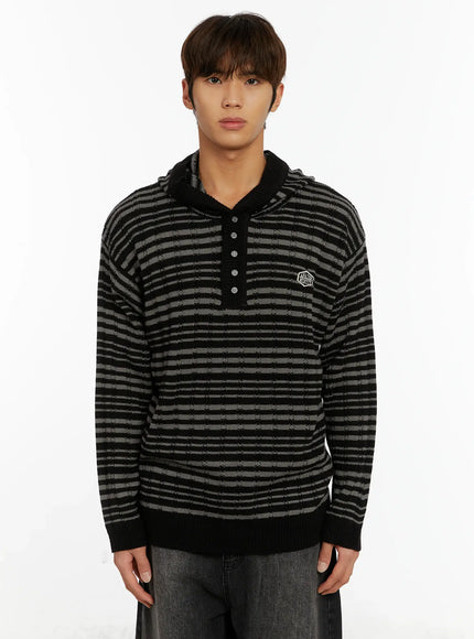 mens-striped-henley-knit-hoodie-id524 / Dark gray