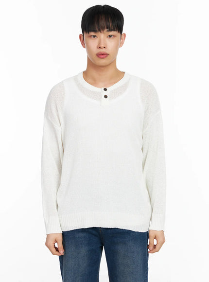 mens-two-button-henley-knit-sweater-ia502 / White