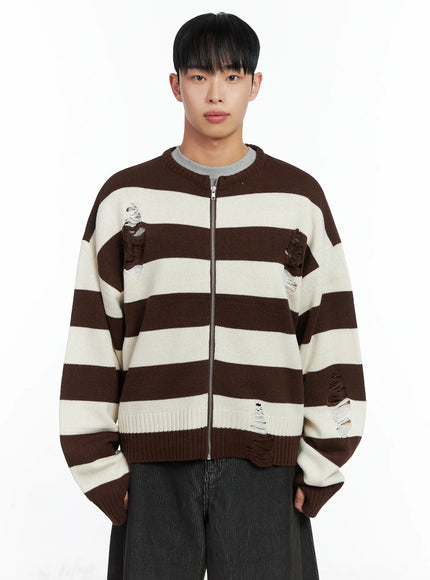 mens-stripe-distressed-knit-cardigan-in518-1 / Brown