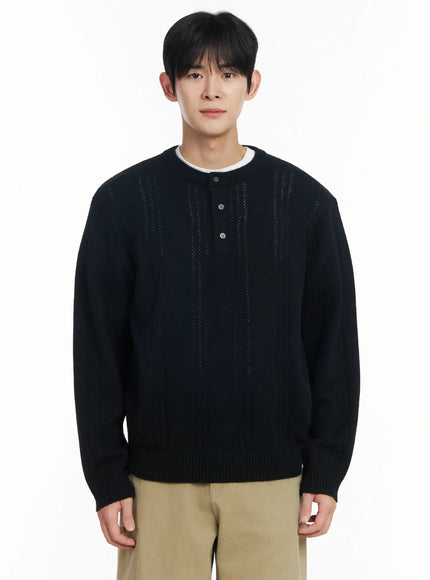 mens-pointelle-henley-knit-sweater-if517 / Black