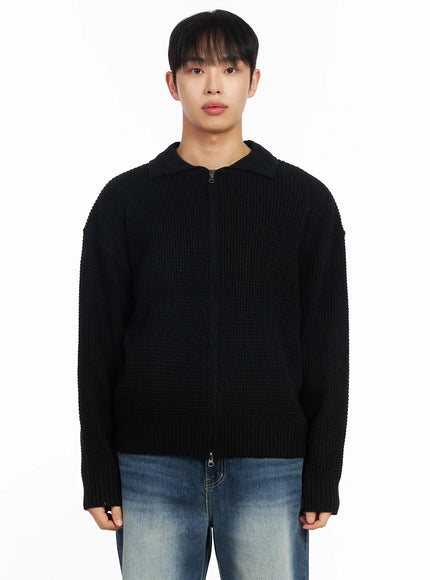 mens-waffle-knit-zip-up-cardigan-im511 / Black