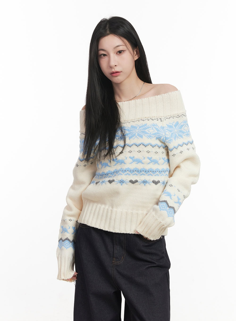 Nordic Print Off-Shoulder Sweater CF514