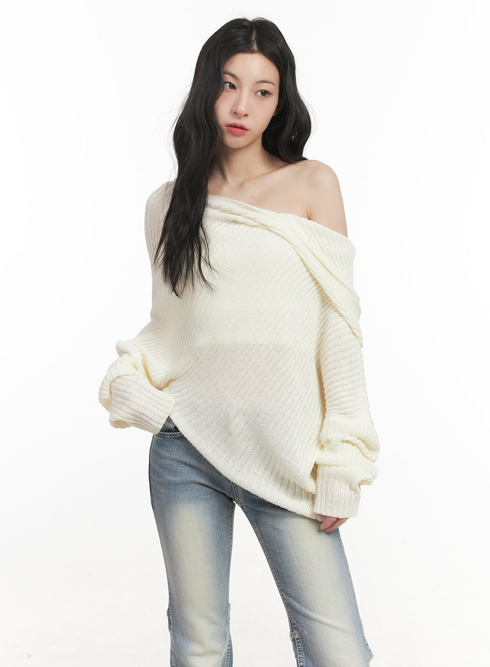 Ribbed Off-Shoulder Hooded Sweater CF513