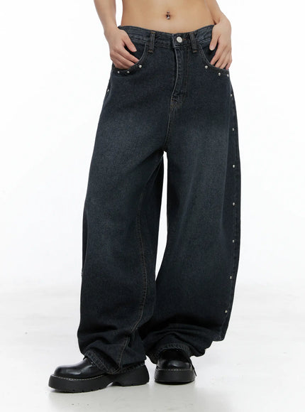 Rivet Detail Washed Wide-Leg Jeans CS505