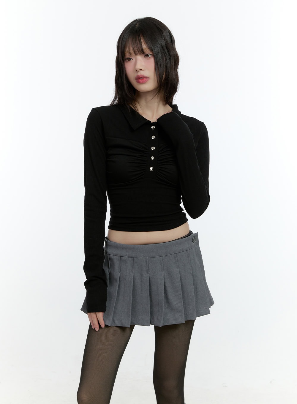 shirring-long-sleeve-collared-crop-top-cf507