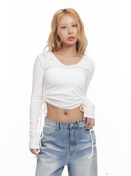 Shirred Ribbon Long-Sleeve Hooded Crop Top CM505