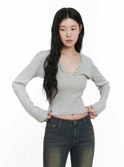 Casual V-Neck Crop Long Sleeve Shirt CN512