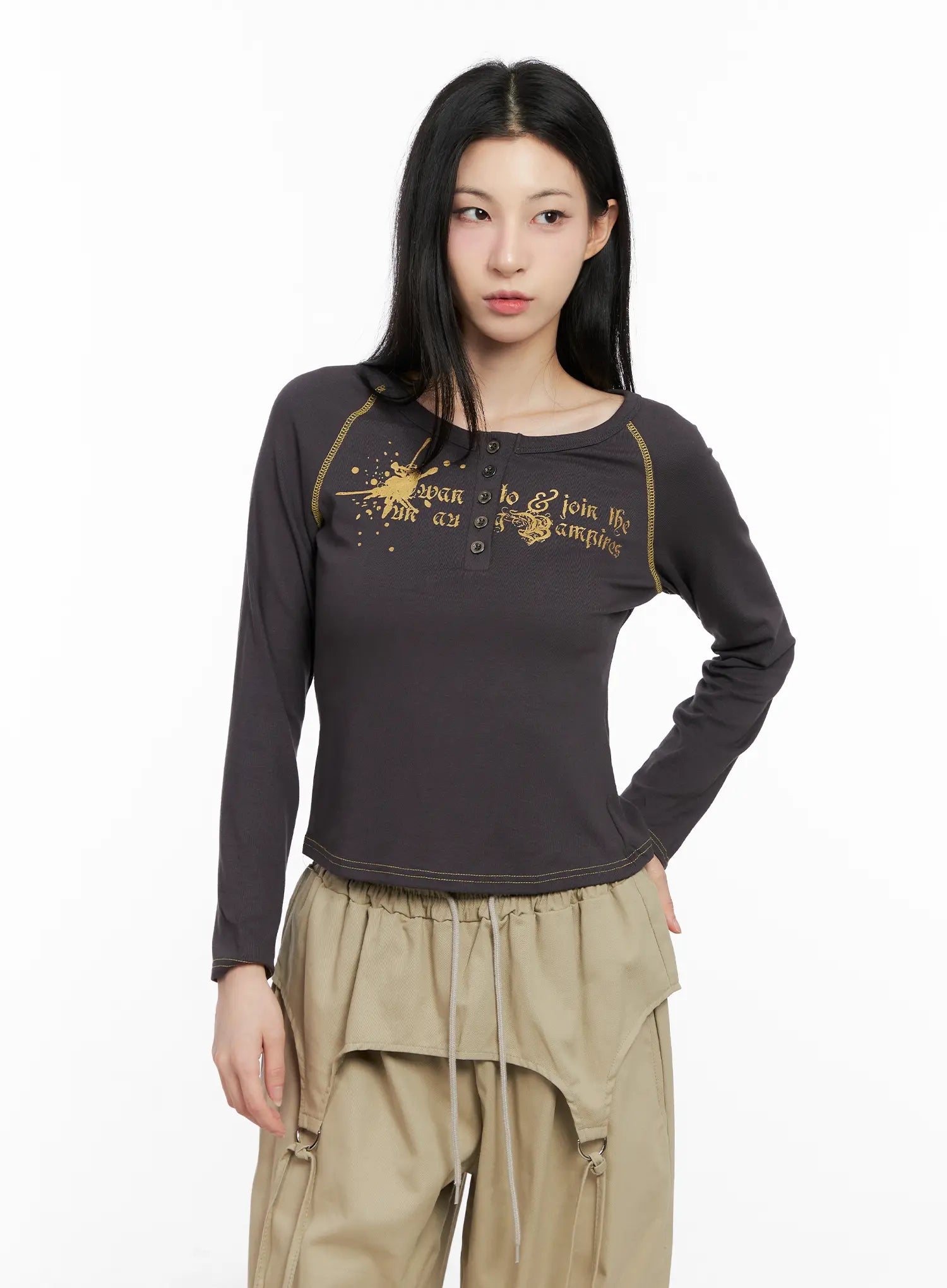 Tattoo Graphic U-Neck Long Sleeve Tee CG526