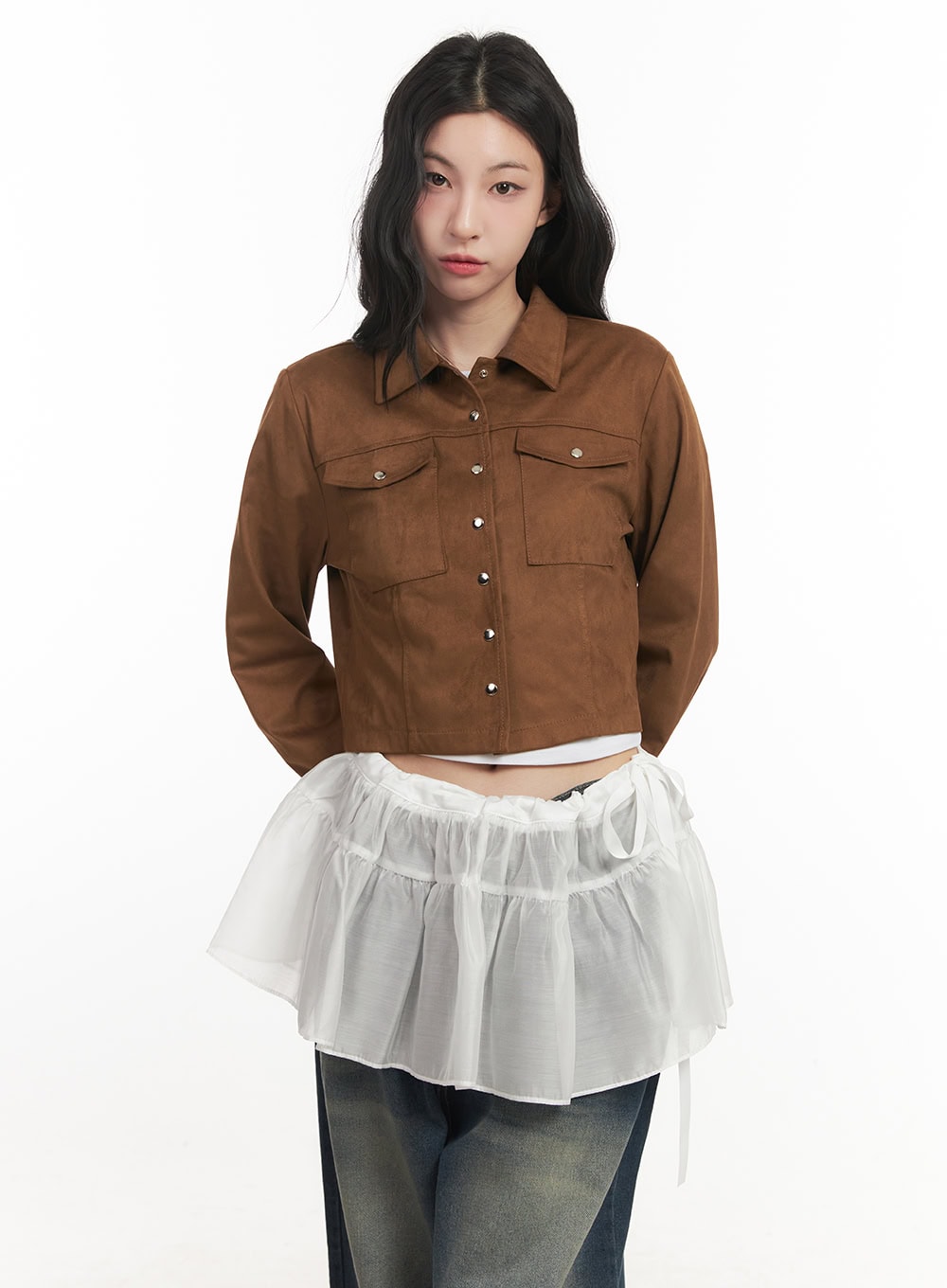 Suede Collared Long-Sleeve Crop Shirt CF513