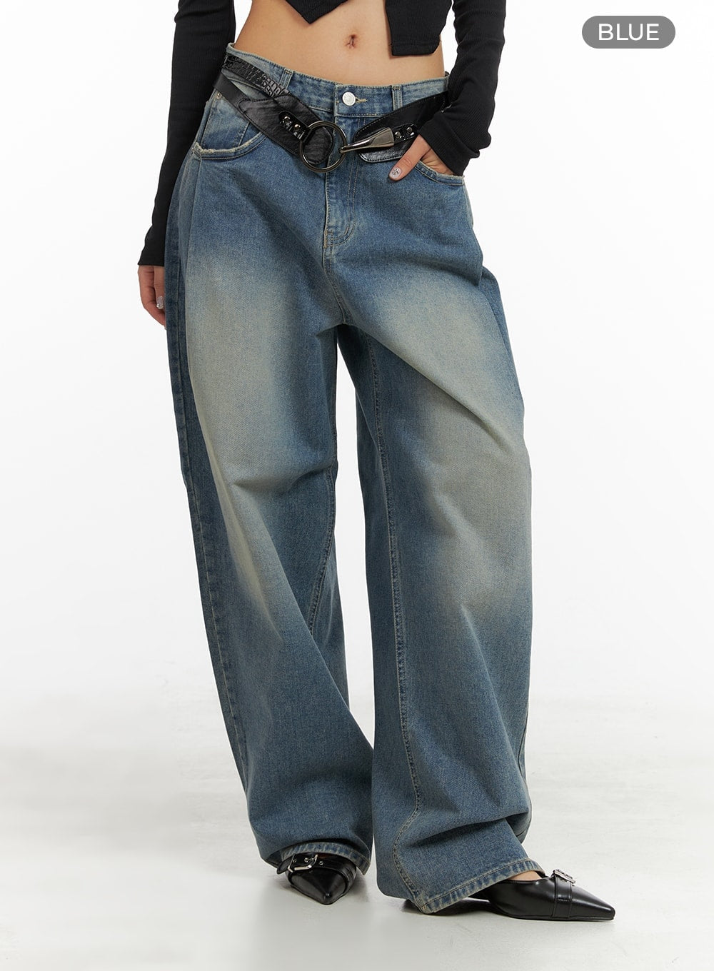 Washed Out Wide Fit Baggy Jeans CA416 - Korean Women's