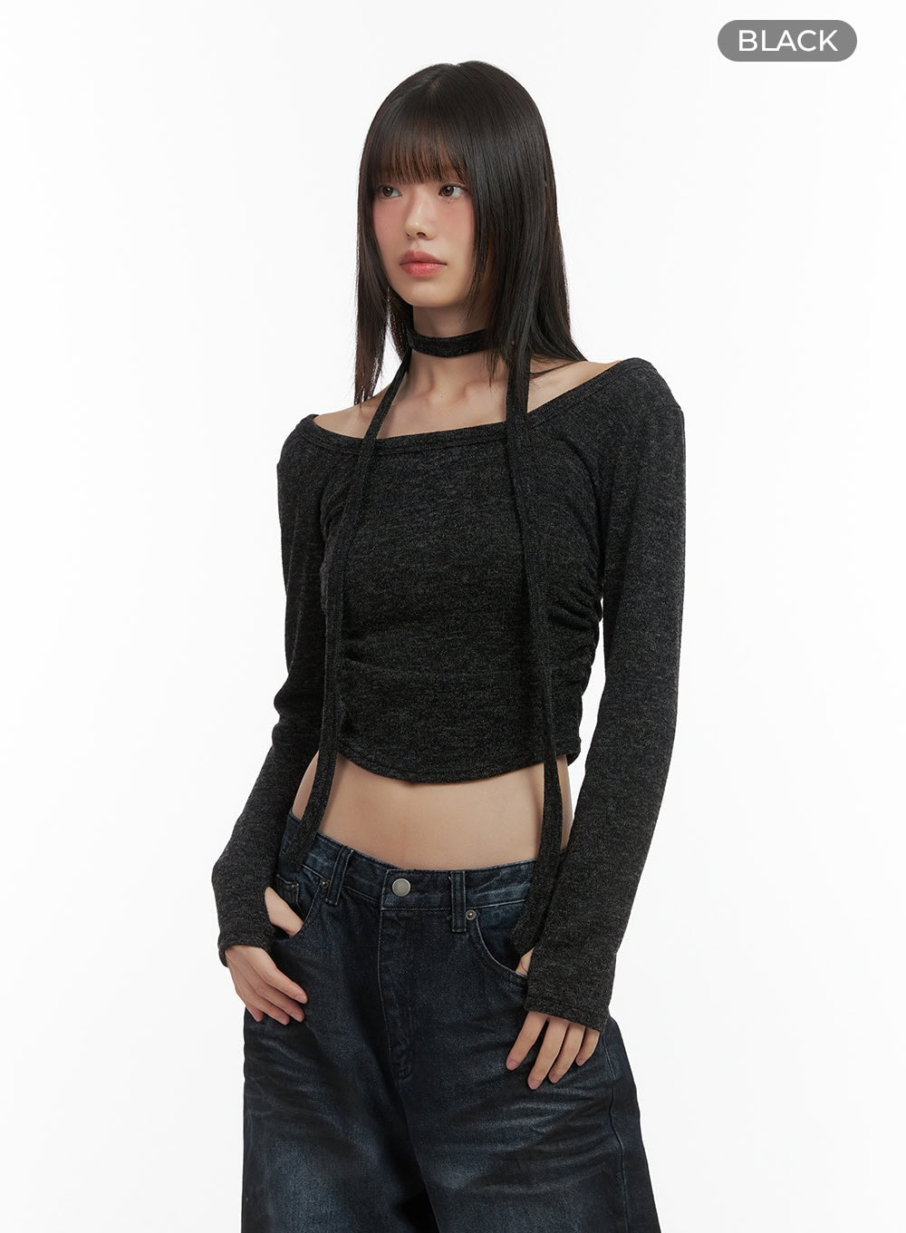 shirred-cropped-long-sleeve-top-with-choker-set-co410