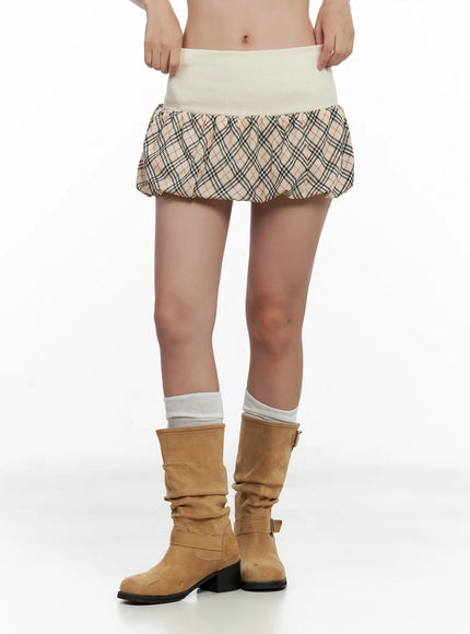 contrast-plaid-bubble-mini-skirt-cl509