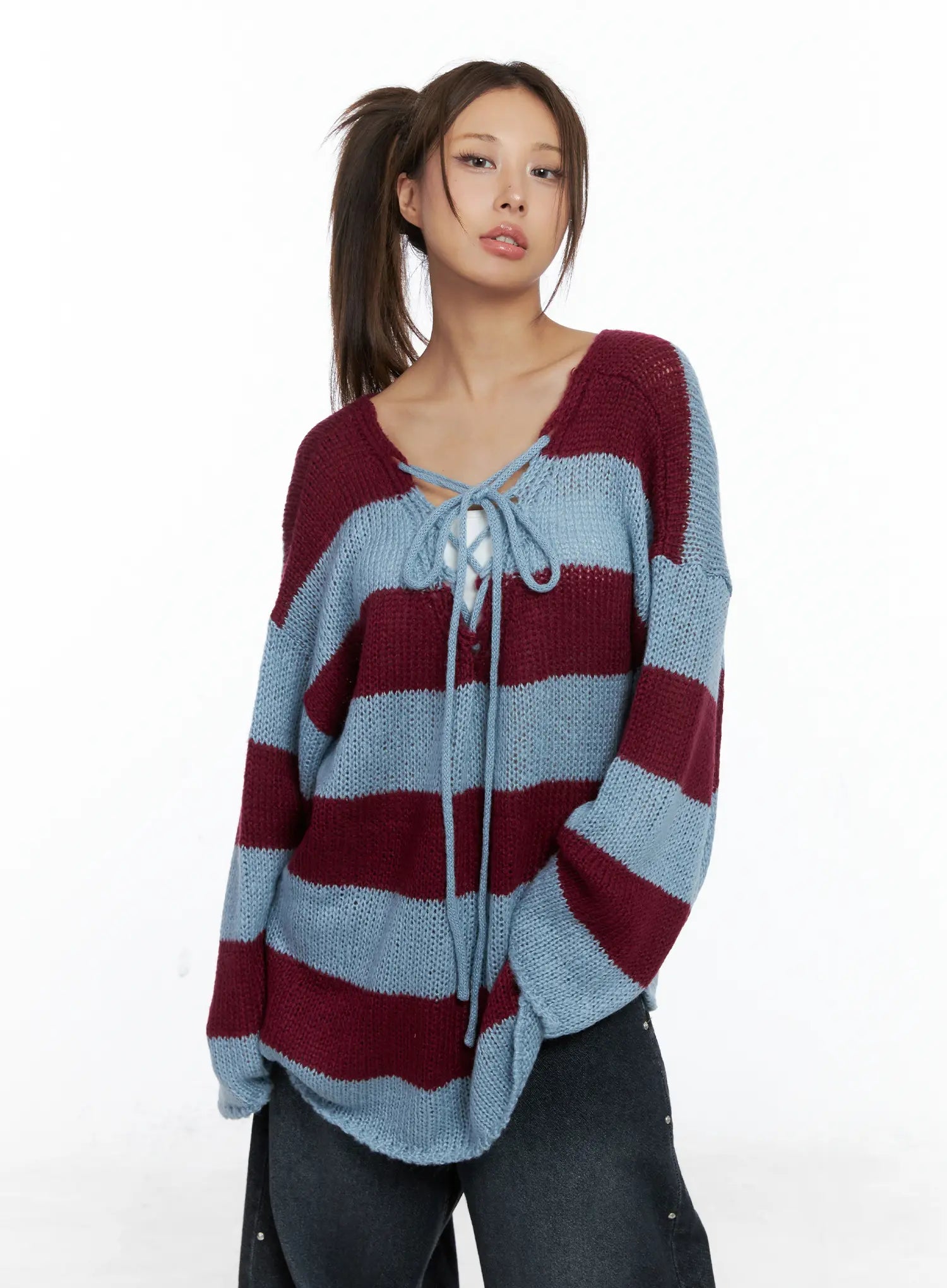 striped-lace-up-long-sleeve-knit-top-cs505