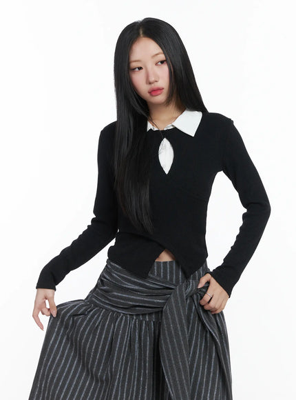 Button Wrap Collar Ribbed Long Sleeve Top CD529