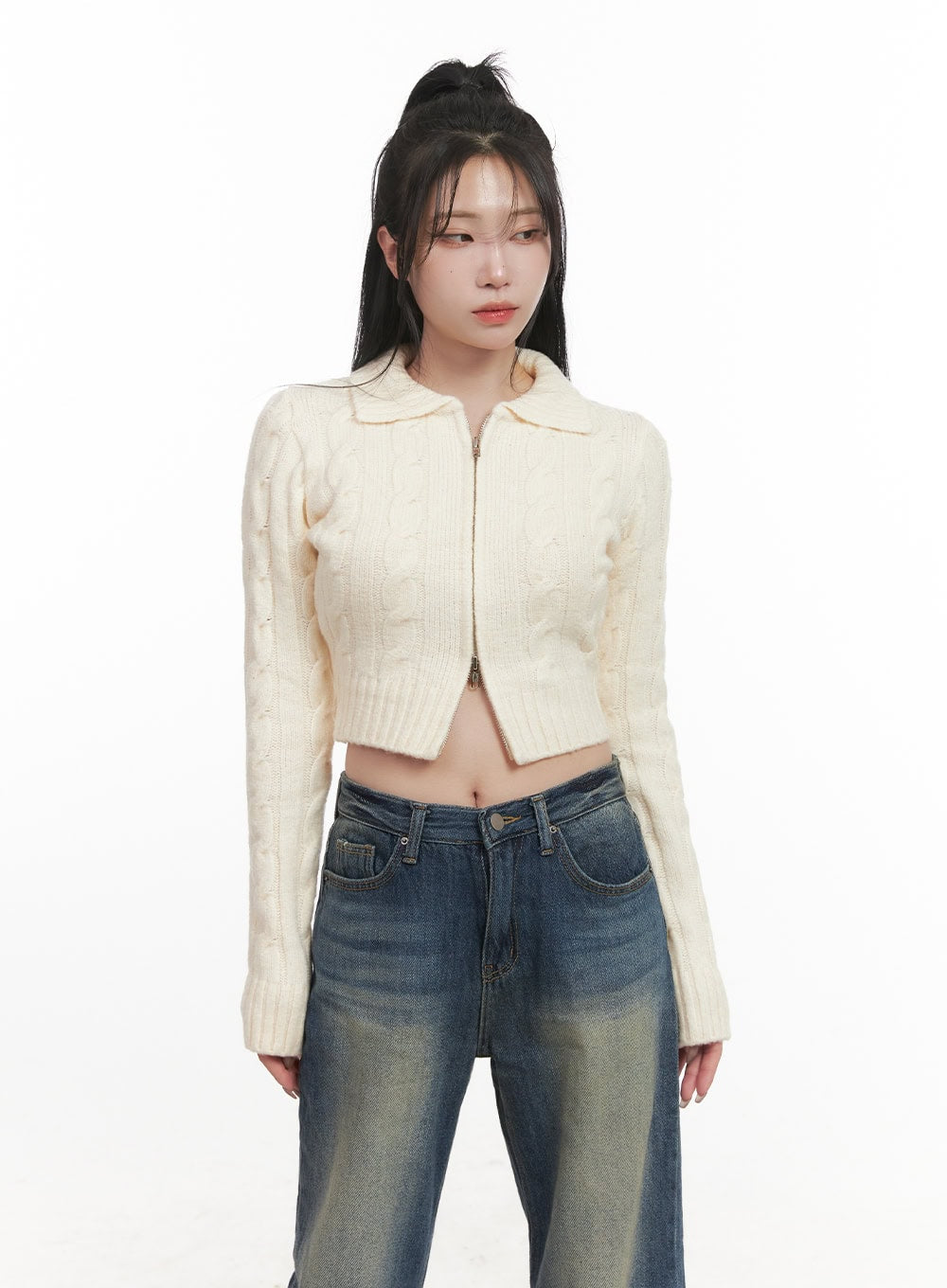 Cable-Knit Collared Zip-Up Crop Cardigan CJ516