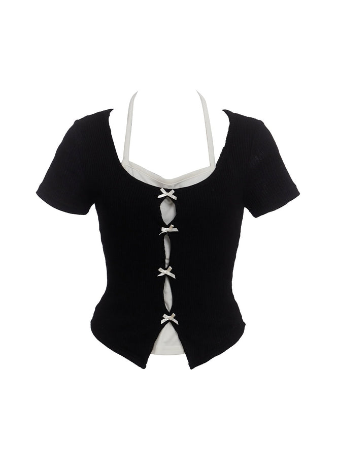 ribbon-layered-short-sleeve-cardigan-cu520 / Black