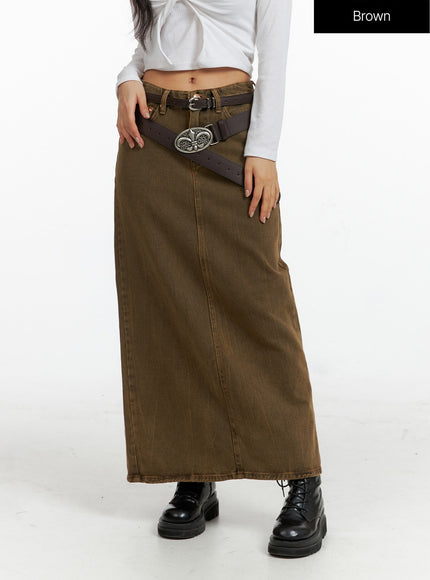 washed-denim-maxi-skirt-cf407 / Brown