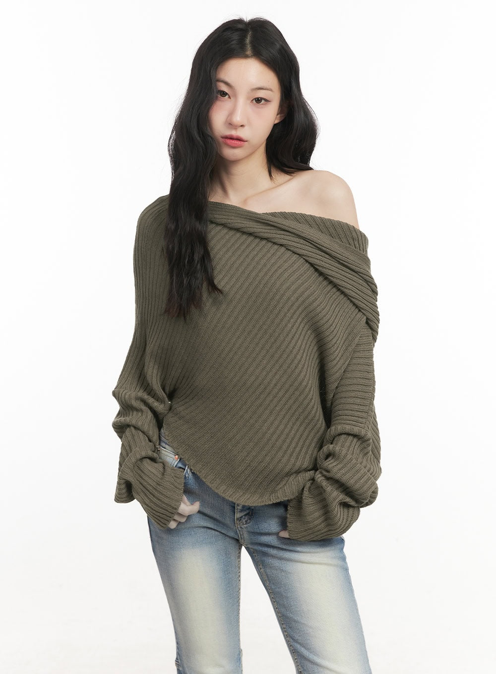 Ribbed Off-Shoulder Hooded Sweater CF513