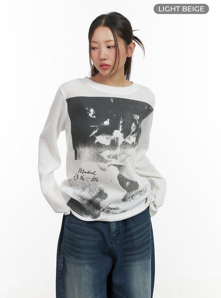 vintage-print-long-sleeve-shirt-co417 / Light beige