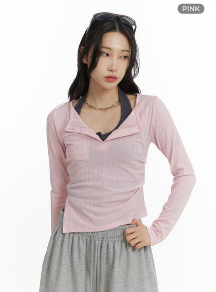 open-collar-slit-pocket-crop-top-cf429 / Pink