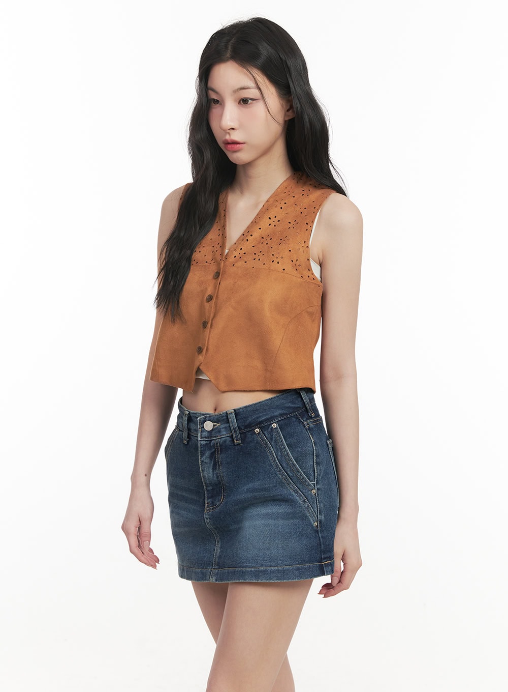 Buttoned Suede V-Neck Vest Top CF513