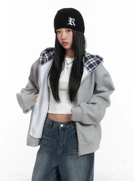 Checkered detail Zip-Up Hoodie CN528