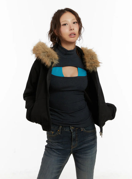 faux-fur-graphic-fleece-zip-up-hoodie-cd515 / Black