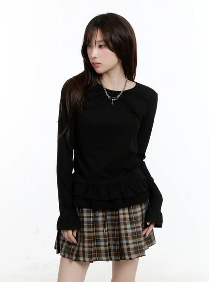 ruffled-frill-hem-u-neck-blouse-cn525 / Black