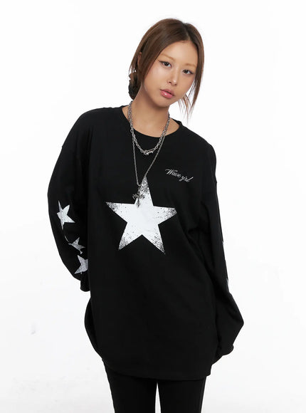 oversized-graphic-star-long-sleeve-top-cs522 / Black