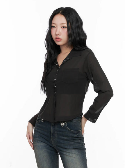 sheer-button-up-collar-blouse-cn514 / Black