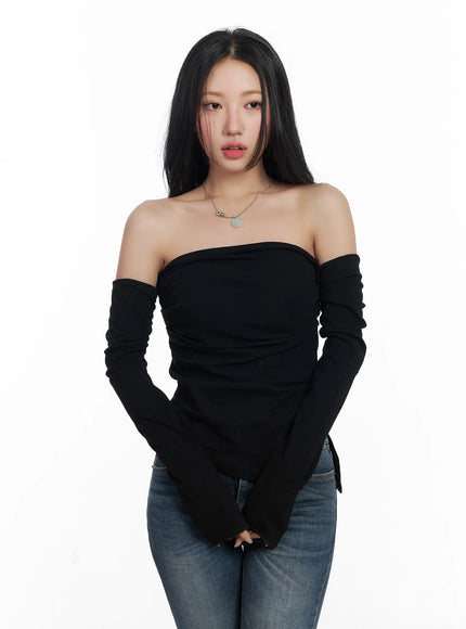 elegant-off-shoulder-shirred-top-cj515 / Black