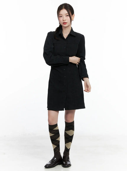 corduroy-button-up-mini-dress-cn518 / Black