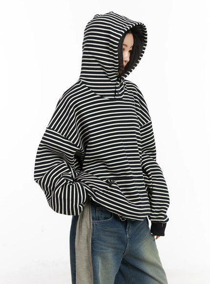 oversized-striped-fleece-hoodie-cd505 / Black