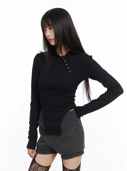 Diagonal Button Hooded Fleece Tee CJ501