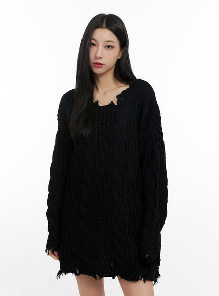 oversize-damaged-knit-sweater-cn416 / Black