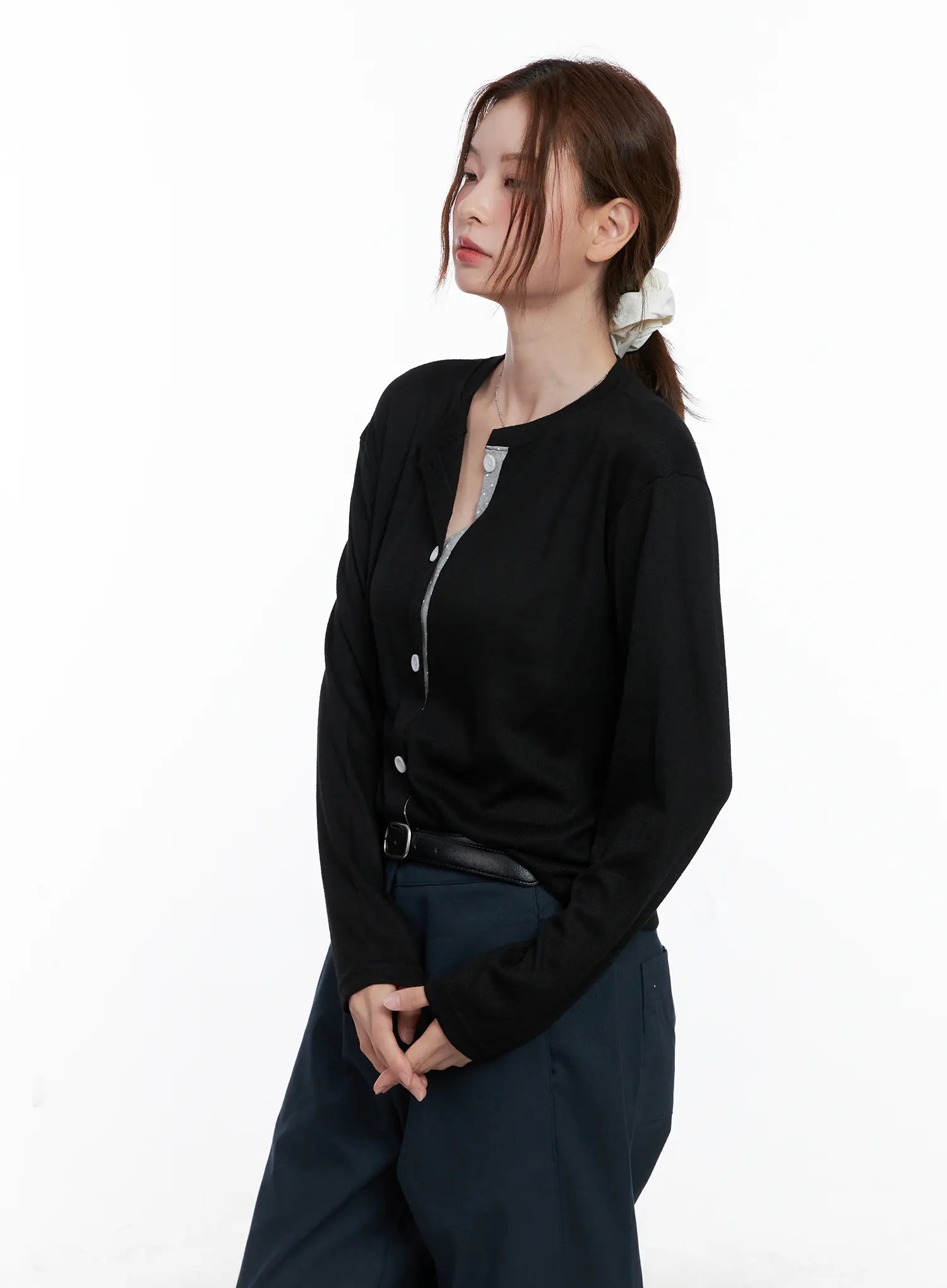 polka-dot-detail-button-up-cardigan-cg521 / Black