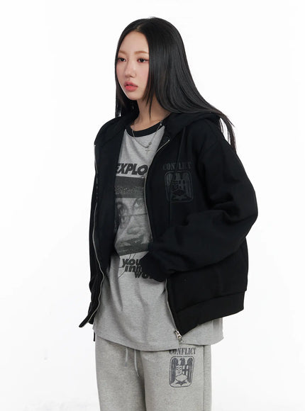 graphic-fleece-oversized-zip-up-hoodie-cj515 / Black