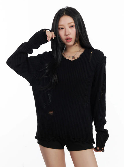 distressed-oversized-v-neck-sweater-cj515 / Black