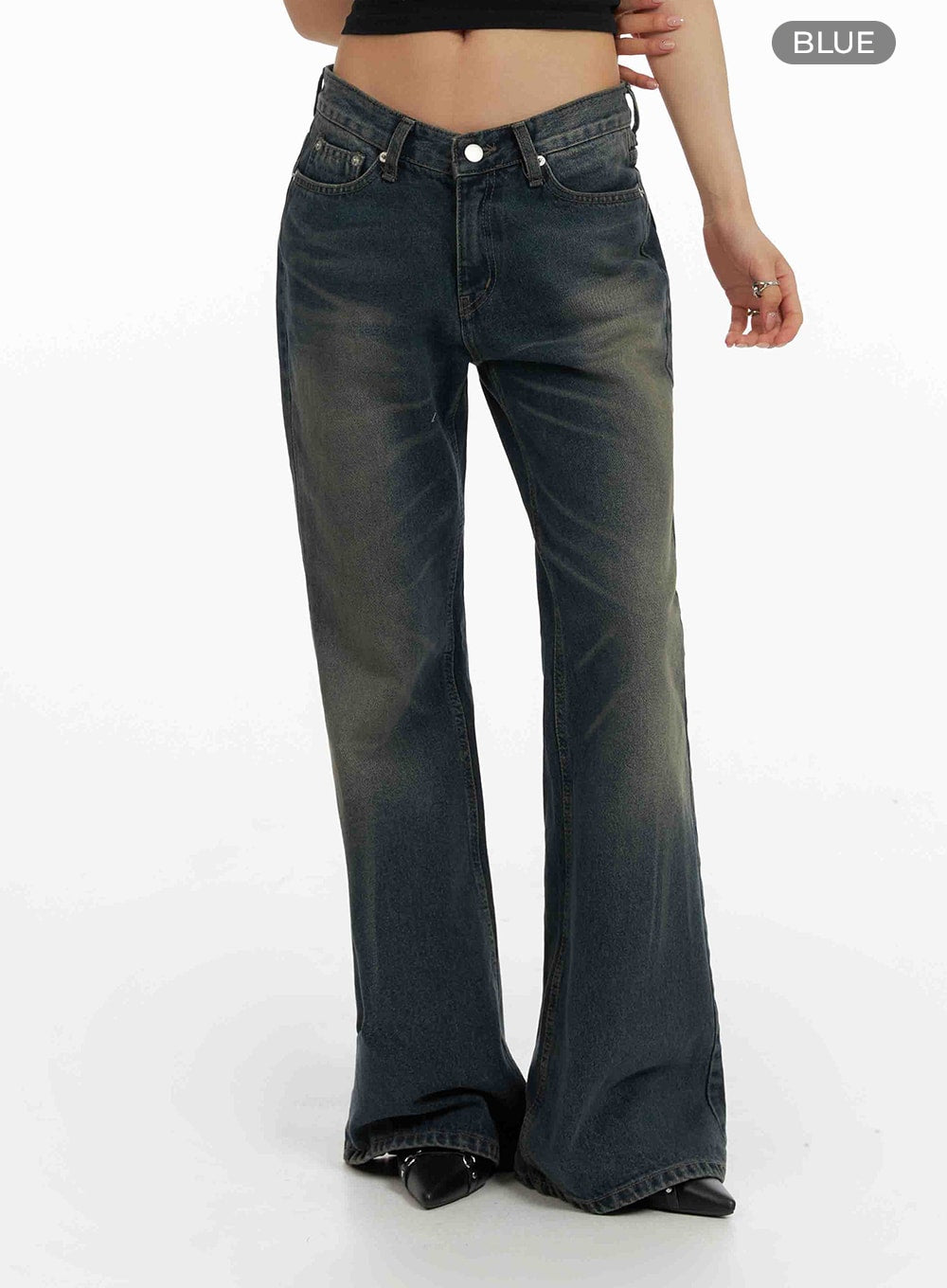 【in a row】Low Rise Washing Bootcut Denim Low-Rise Washed Bootcut Jeans CF429 - Korean Women's Fashion