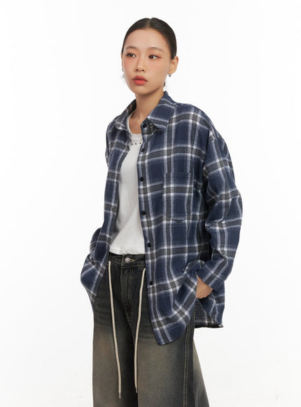 checkered-collared-button-up-blouse-cd410 / Dark blue