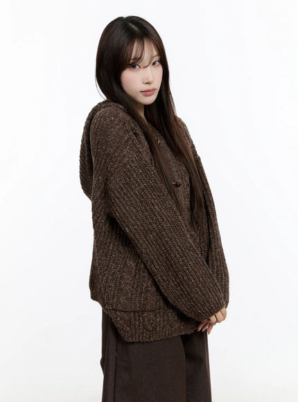 oversized-knit-button-up-hoodie-cn524 / Dark brown