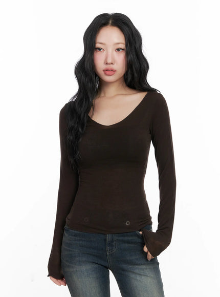 casual-u-neck-long-sleeve-top-cn514 / Brown