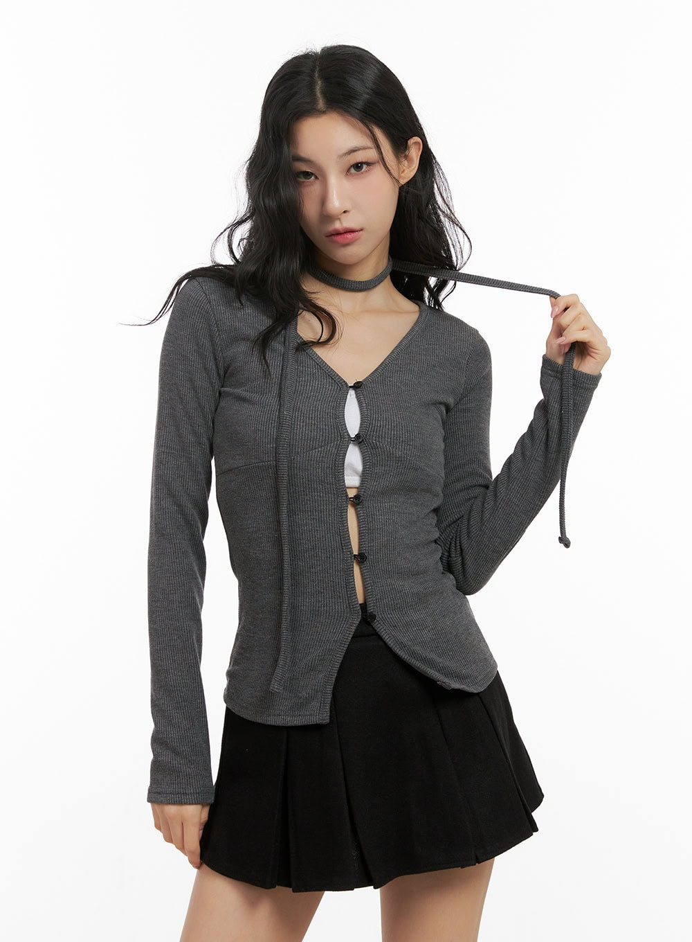 buttoned-v-neck-slim-fit-cardigan-cn416 / Dark gray