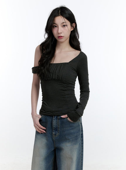 one-shoulder-asymmetric-shirred-top-cj520 / Dark gray