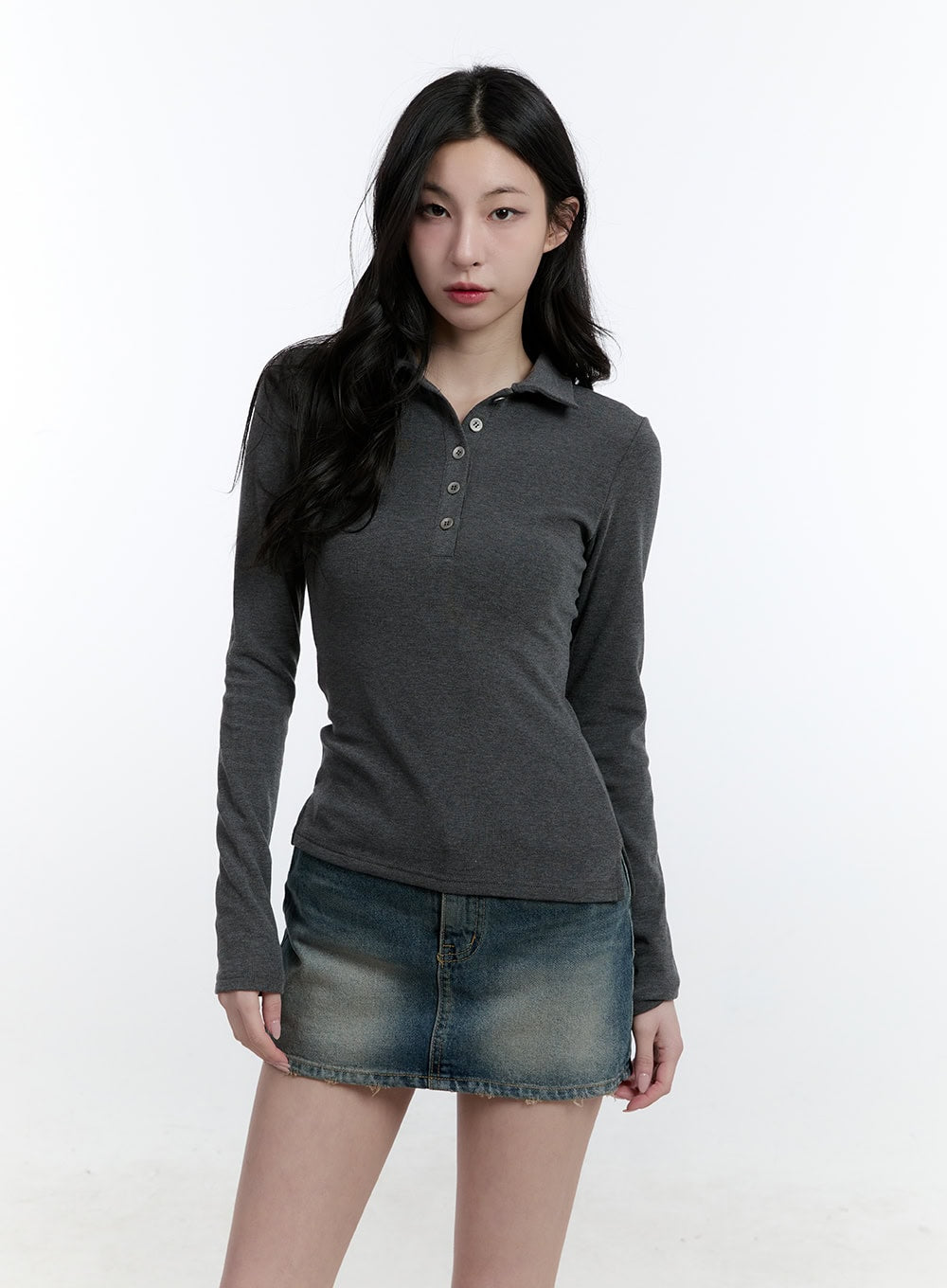 basic-slim-fit-collared-long-sleeve-top-cj521 / Dark gray