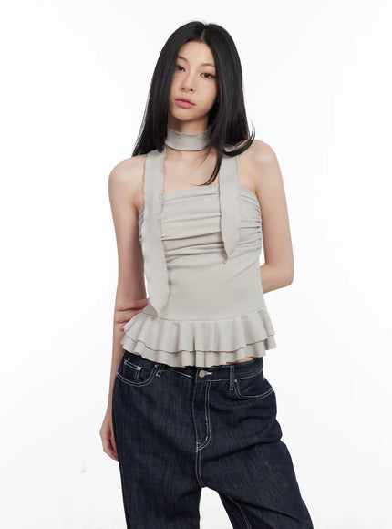 shirred-ruffle-tube-top-and-scarf-set-cl501